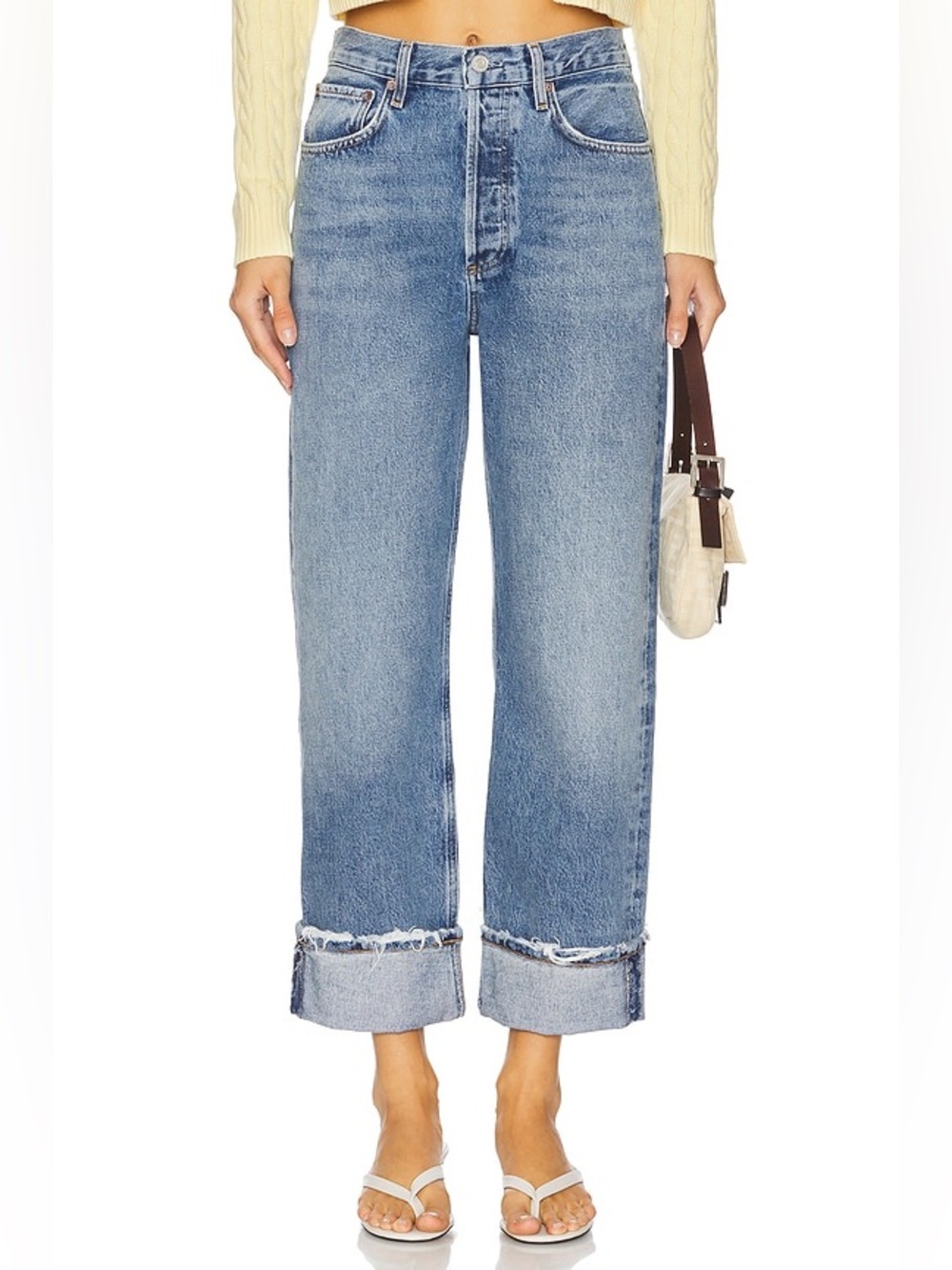 AGOLDE Fran Reign Blue Low Slung Straight Cuffed Rigid Cotton Jeans Size 27